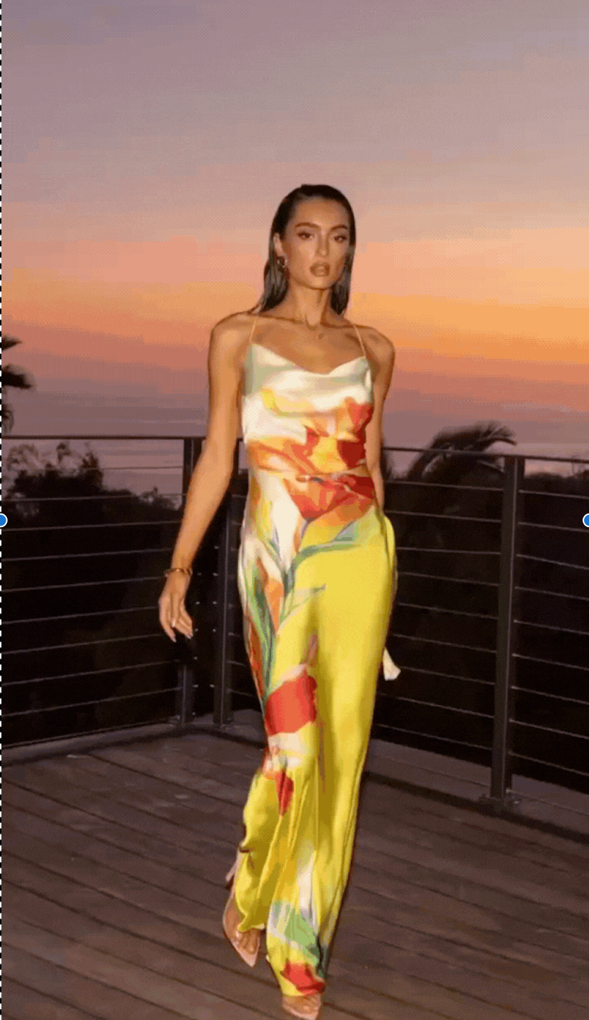 "Aurora Floreale" – Abito lungo satinato con stampa artistica